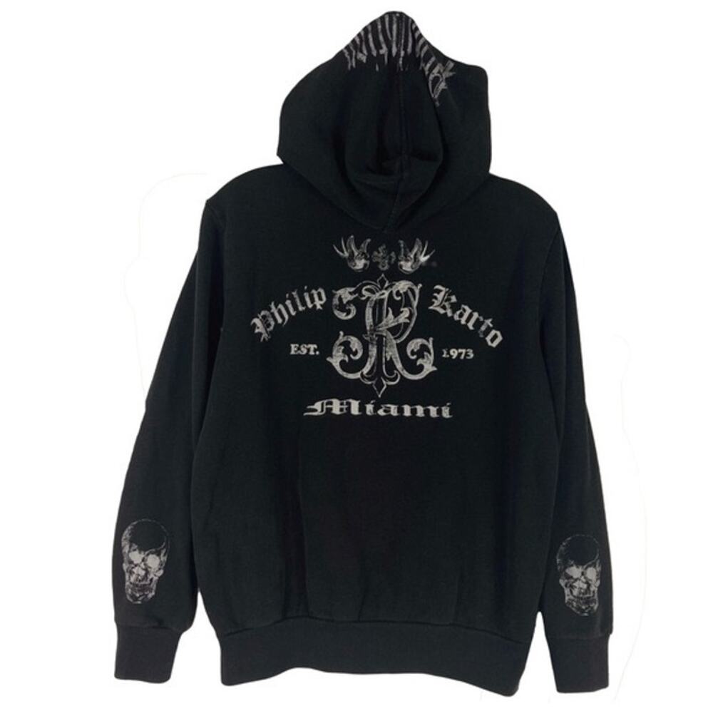 PHILIP KARTO MIAMI Hoodie Sweatshirt S Black Graphic Logo Skull Front & Back Zip